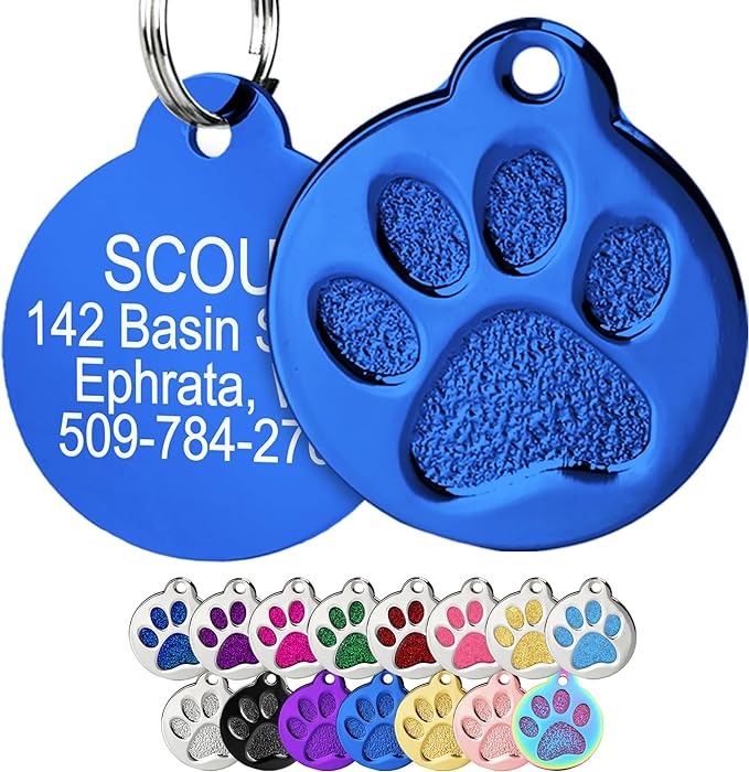 GoTags Paw Print Round Stainless Steel Pet Tag for Dogs and Cats, Personalized with 4 Lines of Custom Engraved ID Name and Number, in Stainless Steel and 15 Colors Small and Large, Blue