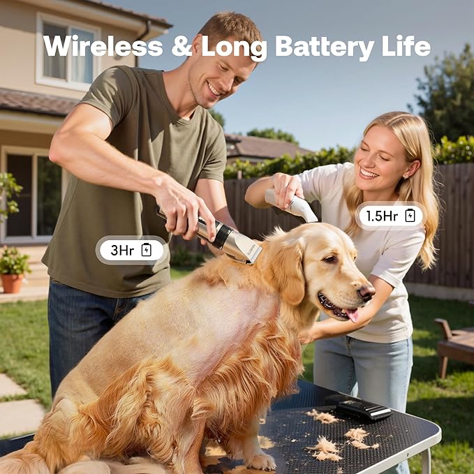 Dog Hair Clippers for Grooming Kit and Dog Paw Trimmer Nail Grinder for Grooming, Low Noise Rechargeable Cordless, Shaver Grooming Supplies for Pet Cats Dogs (Gold, White)