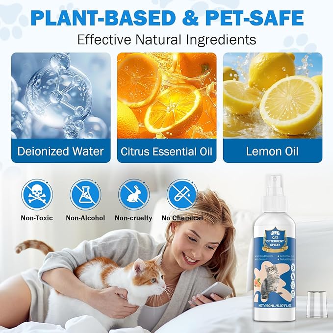 Cat Deterrent Spray, Natural Citrus Cat Repellent Stop Scratching Furniture, Safe Non-Toxic Anti-Scratch Formula for Cats and Kittens, Effective Training Aid Indoor/Outdoor Pet Stopper, 5.07 FL OZ (1)