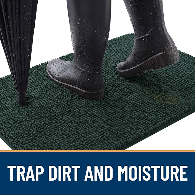 OLANLY Dog Door Mat for Muddy Paws 47x20, Absorbs Moisture and Dirt, Absorbent Non-Slip Washable Doormat, Quick Dry Chenille Mud Mat, Entry Indoor Entryway Carpet for Inside Floor, Blackish Green