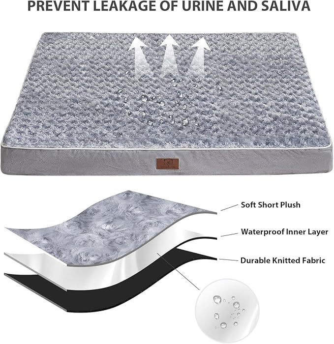 WNPETHOME Orthopedic Large Dog Bed, Large Waterproof Dog Bed with Removable Washable Cover & Anti-Slip Bottom,Egg Crate Foam Pet Bed Mat,Soft Rose Plush Pet Crate Mat