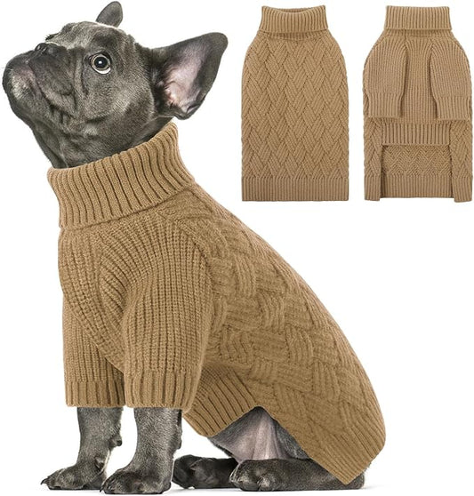 SUNFURA Small Dog Sweater, Turtleneck Dog Sweater for Cold Weather, Puppy Knitwear Pullover for Christmas Thanksgiving, Pet Winter Knitted Sweatshirt for Pug Dachshund, Camel S