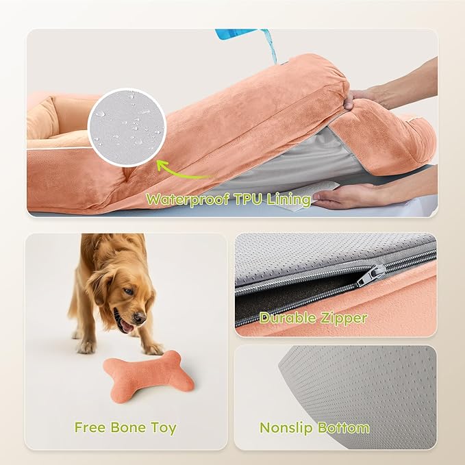 Jumbo Dog Bed for Extra Large Dogs, Orthopedic Dog Bed with Cooling Gel Memory Foam, Waterproof Pet Bed with Removable Washable Cover, 45" Pet Sofa Couch Dutch Velvet with Bone Toy, Peach Pink