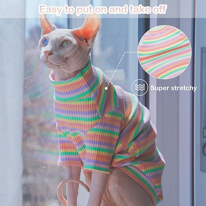 PUMYPOREITY Soft Hairless Cats Clothes - Rainbow Stretchy Cat Sweater, Pullover Jumpsuit, Turtleneck Outfit for Sphynx, Cornish Rex, Devon Rex, XS