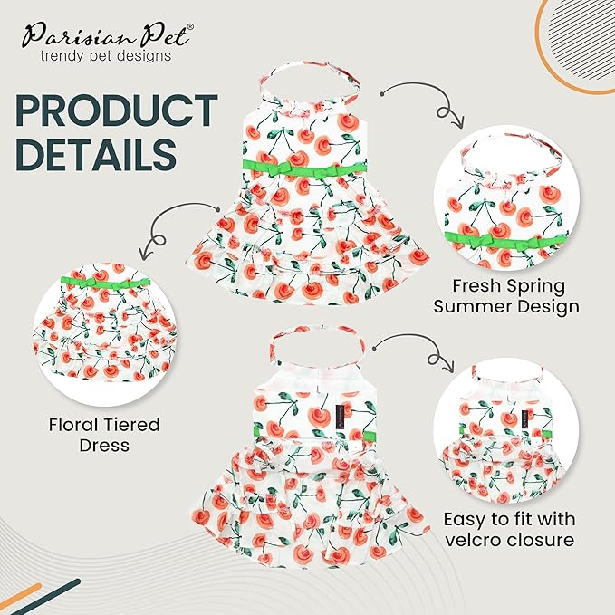 Parisian Pet Boho Dog Dress - Red Poppies Summer Clothes - Velcro Closure Dressy Outfit for Small Dogs - Lightweight, Cotton - Perfect for Girls & Beach