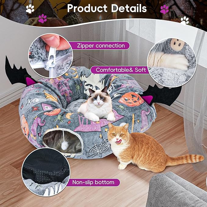 Tidjani Halloween Cat Tunnel Bed, Cat Tunnels for Indoor Cats with Bat Wings, Foldable Pet Donut Bed with Middle Mat and Dangling Balls, Pet Play Toy with Ghost, Spider Web Pattern Decorations