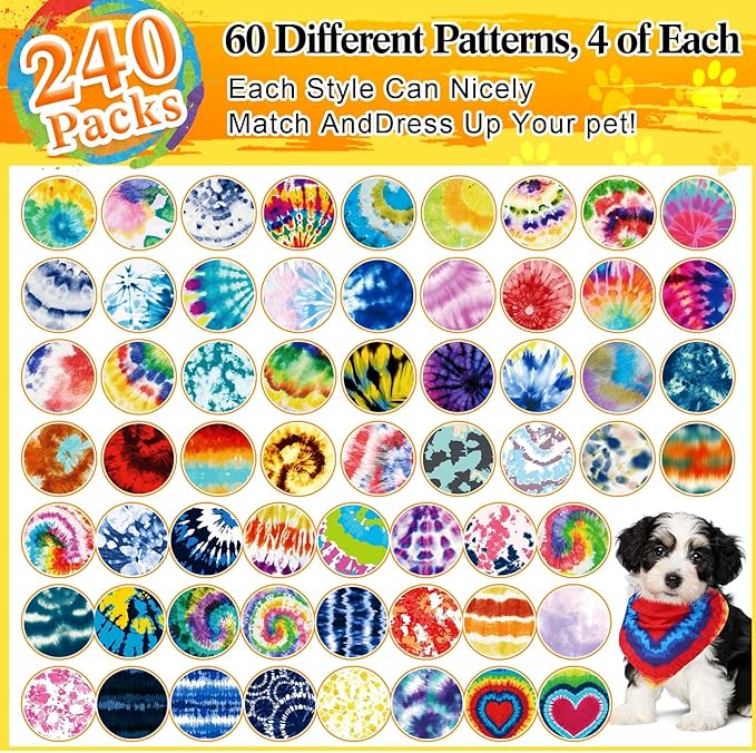 Geyoga 240 Pcs Halloween Dog Bandanas Bulk Thanksgiving Pet Bandanas Adjustable Fall Triangle Dog Grooming Scarf Bibs Kerchief for Small Medium Large Cats Pet Costume A(Tie Dye)