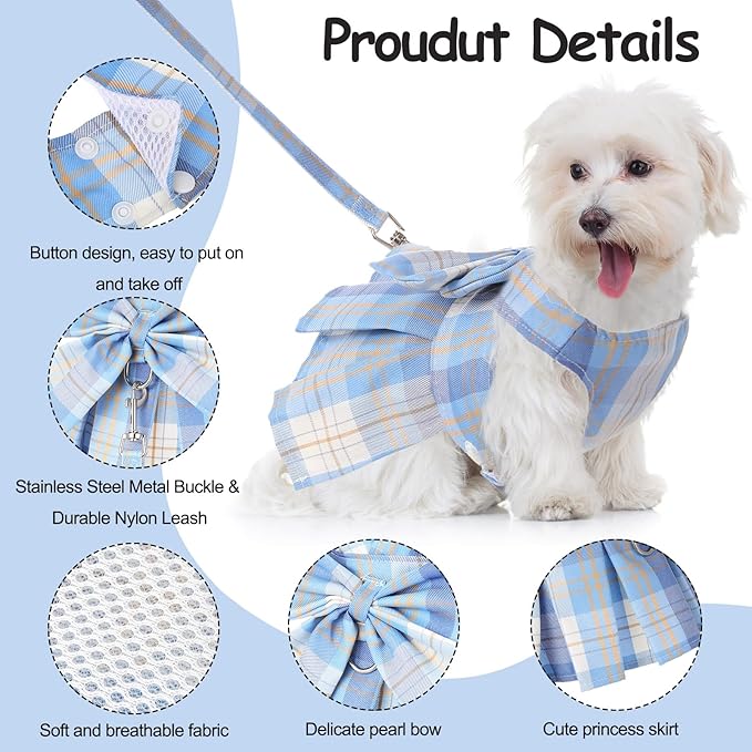 4 Pcs Cute Plaid Dog Dress Set with Bow Tie Harness & Leash for Small Dogs, Puppy Clothes for Girls Summer Outfits(L,Light Color)