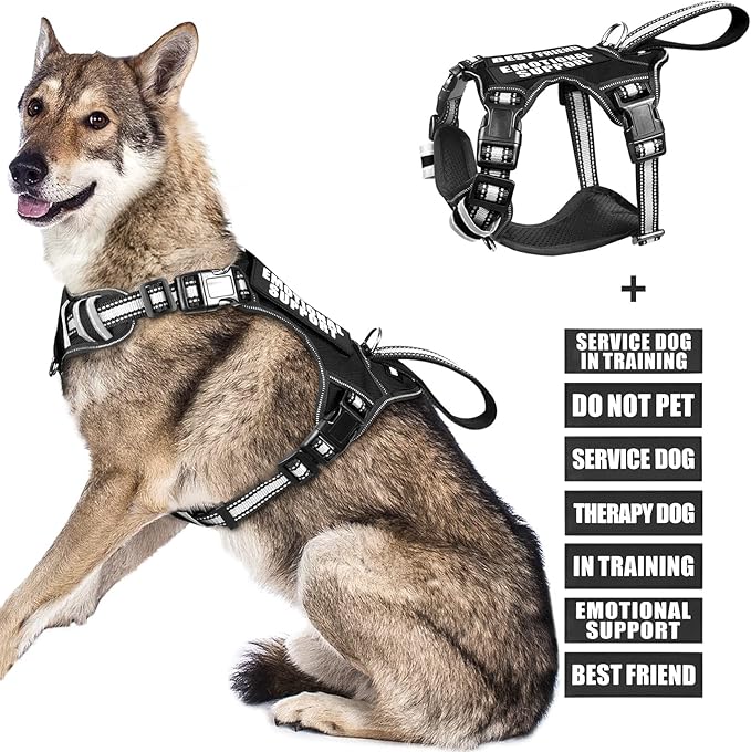 WINSEE Service Dog Vest No Pull Dog Harness with 7 Dog Patches, Reflective Pet Harness with Durable Soft Padded Handle for Training Small, Medium, Large, and Extra-Large Dogs (X-Large, Black)