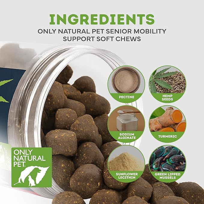 Only Natural Pet Hemp Advanced Mobility Support for Dogs Holistic Wellness Hip Bone Joint Health - Inflammatory Function Relieves Pain Stiffness Green Lipped Mussels Turmeric (HA) 60 Count