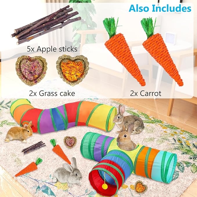 BNOSDM Bunny Tunnel, Collapsible 3 Way and S-Type Rabbit Tunnels Tubes, Small Animal Activity Tunnel Toys with Chew Toys for Indoor Rabbit Bunny Guinea Pigs Ferret Kitten