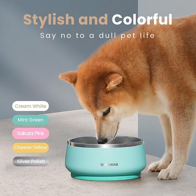 Pawaii Stainless Steel Dog Bowl with Non-Slip Rubber Base & Double Wall Insulation - Durable Design | Includes ID Tag | Dishwasher Safe Food & Water Bowl for All Dogs (34oz)