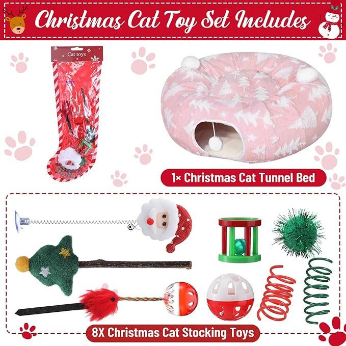 Christmas Cat Tunnel Bed with 8 Cat Toys Fluffy Plush Dog Tunnel Bed with Washable Cushion and Dangling Balls 3FT Multifunctional Playground for Small Medium Large Rabbit(Tree,Pink)