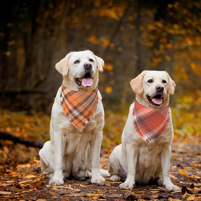 ADOGGYGO Fall Dog Bandana with Tassels Edges, Orange Red Plaid Pet Scarf Bib, Multiple Sizes Offered, Halloween Thanksgiving Fall Bandanas for Extra Large Dogs Pets (X-Large)