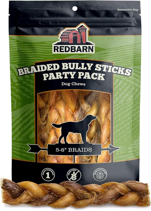 Redbarn Pet Products All Natural 5-8" Braided Bully Sticks for Small & Large Dogs - Healthy Long Lasting Beef Chews Variety Party Pack - Single Ingredient Low Odor Rawhide Free - 8 oz Bag