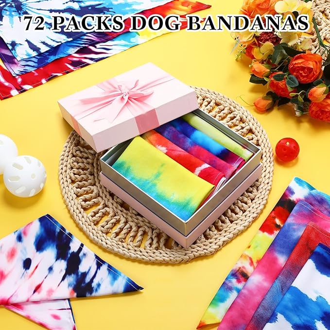 Reginary 72 Pack Tie Dye Dog Bandanas - Bulk Pet Scarf Bibs Triangle Kerchief Adjustable for Pet Grooming Costume Accessories