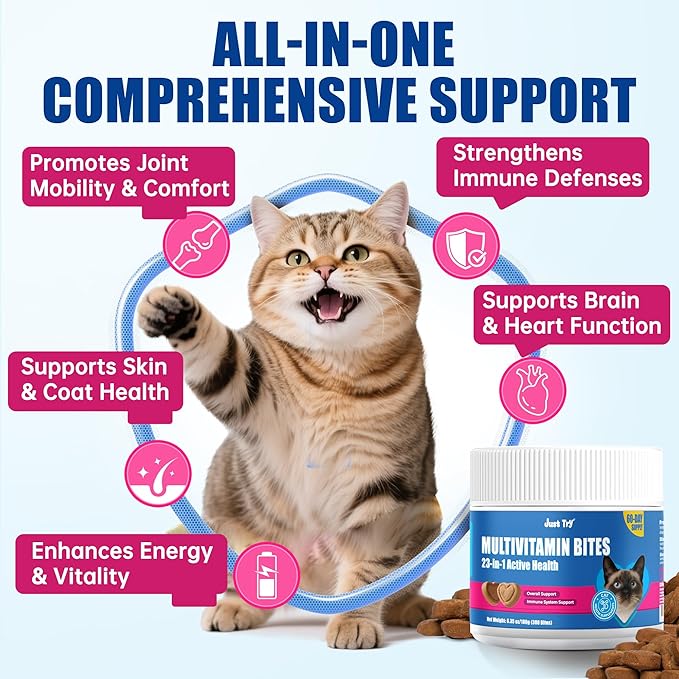 Just Try 23 in 1 Cat Vitamins Bites - Cat Treats for Immune, Skin & Coat & Heart Health - Multivitamin, Taurine, Omega 3, Biotin, Lysine for Cats - Daily Supplements for Indoor Cats (300 Bites)