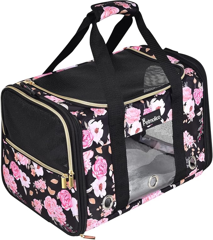 Petmolico Cat Carrier Soft-Sided Pet Bag for Small Medium Cats Puppies 16LBs - Airline Approved Cat Travel Carrier 3 Open Doors (Large,Pink Peony)