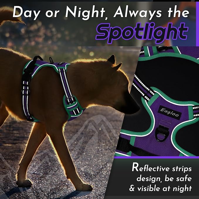 Eagloo Dog Harness for Large Dogs, No Pull Service Vest with Reflective Strips and Control Handle, Adjustable and Comfortable for Walking, No Choke Pet Harness with 2 Metal Rings, Purple & Green, XL
