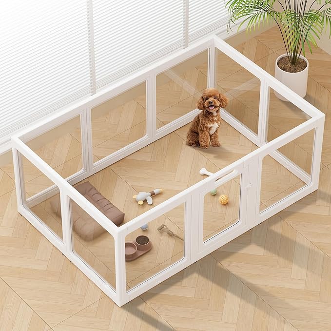 Clear Acrylic Dog Playpen Indoor, Puppy Cat Small Pet Play Pen, Pet Cat Foldable Playpen for Rabbits, Dog Fence Crate Kennel Whelping Cage (White, 10 Panel)