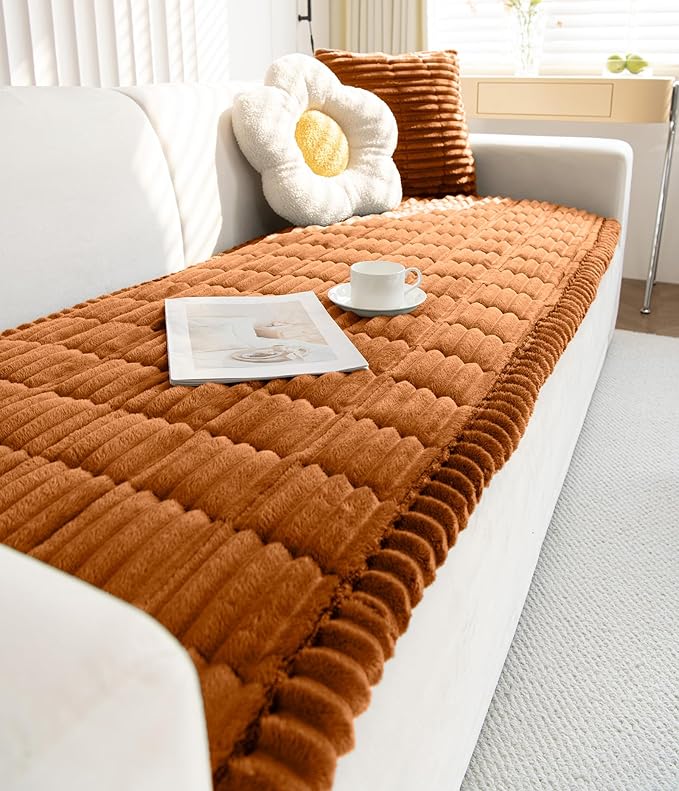 Faux Fur Plush Dog Couch Cover 3D Stripe Fuzzy Sofa Cover Non-Slip Fluffy Dog Bed Cover Pet Blanket Sofa Couch Furniture Protector for Puppy Large Dog Cat (Brown,28"x82")