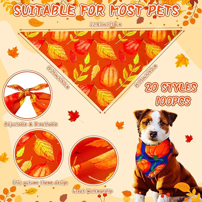 100 Pcs Fall Dog Bandanas Bulk Autumn Thanksgiving Day Dog Bandanas Adjustable Pumpkin Maple Leaves Pattern Pet Bibs Triangle Fall Thanksgiving Scarf Costume for Small Medium Pet Puppy