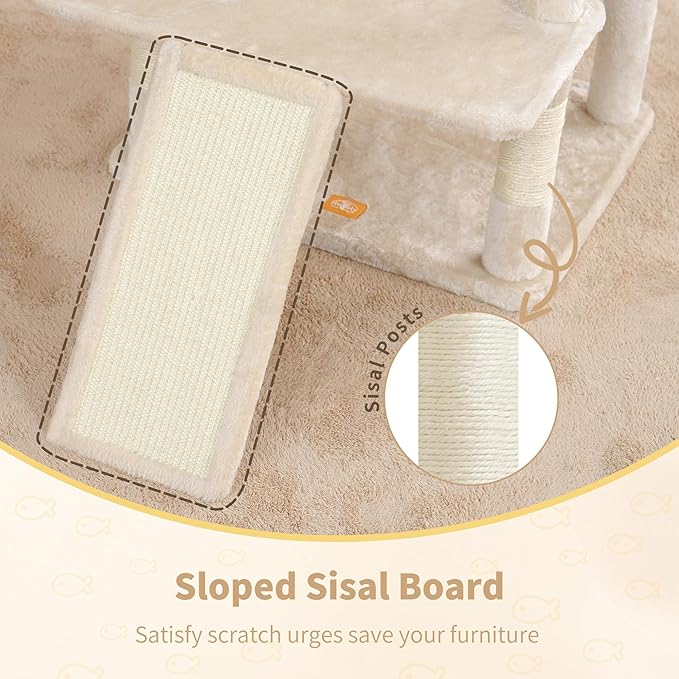 Heybly Tall Cat Tree for Large Cat, 80-inch Multi-Level Cat Tower for Indoor Cats with Large Baseboard, Condo Furniture with 2 Widened Plush Perches,Scratching Board and Big Caves, Beige HCT038M