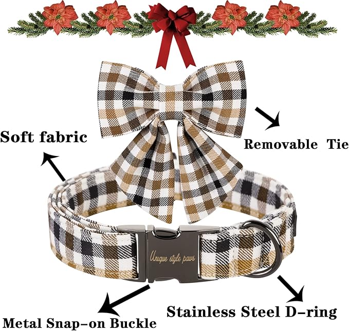 Unique style paws Christmas Dog Collar with Bow Tie Brown Plaid Puppy Collar for Small Medium Large Dogs as Autumn Winter Pet Gifts-XL