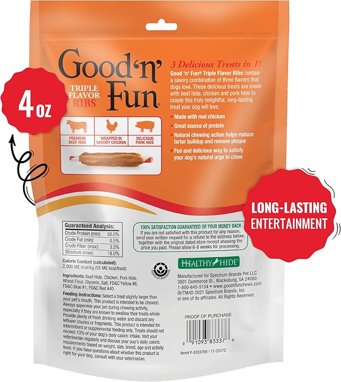 Good ‘n’ Fun Triple Flavor Ribs Chews for All Dogs, 4 Ounces, Treat Your Dog to Long-Lasting Chews Made with Beef Hide, Chicken and Pork Hide