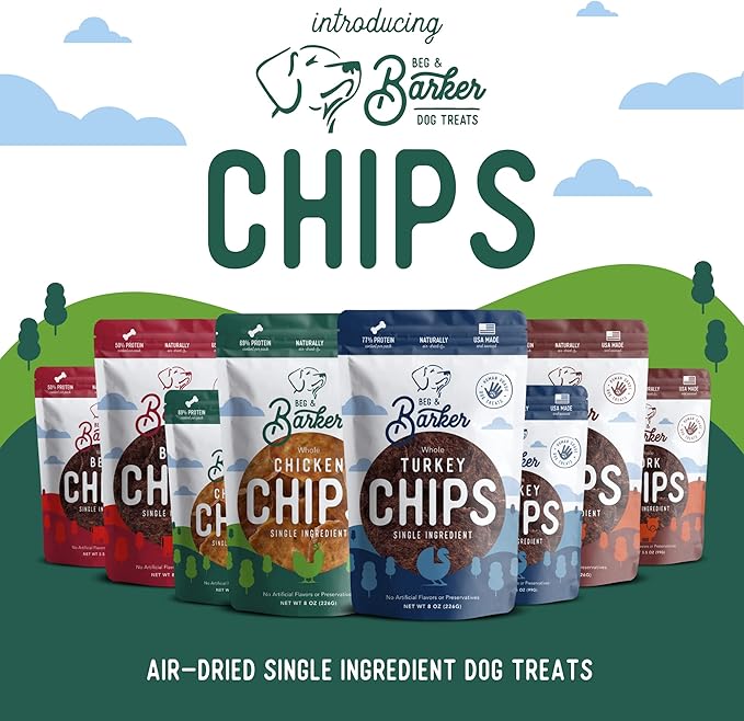 Beg & Barker Jerky Chips for Dogs Variety (3.5oz, Pack of 4) - Single Ingredient Dog Treats Made for Small and Large Dogs Protein Human Grade Dog Treats Made from Real Meat, Made in USA