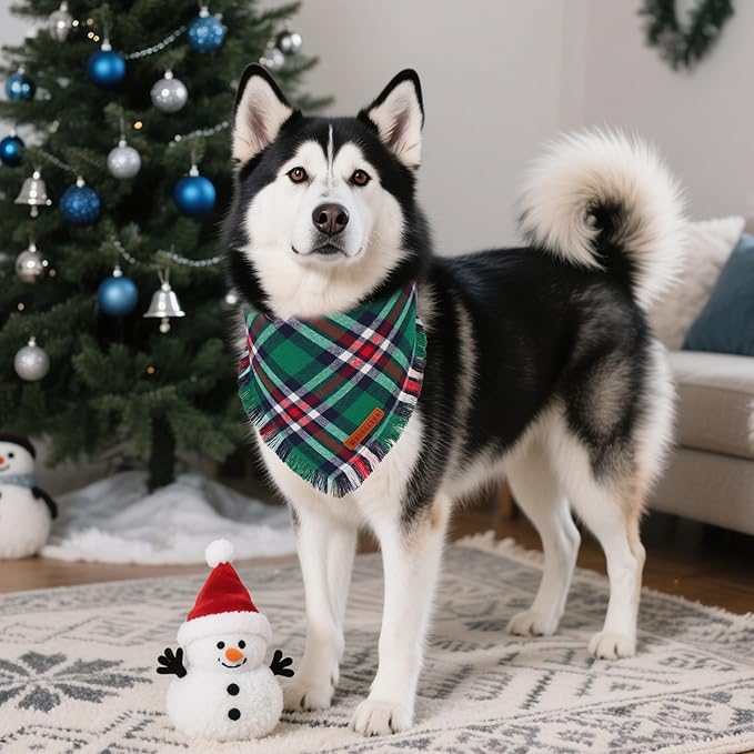 ADOGGYGO Christmas Dog Bandanas with Tassels, Festive Red Green Plaid Xmas Scarf Bib, Soft Cotton Fabric, Pet Christmas Bandanas for Medium Large Dogs (Large)