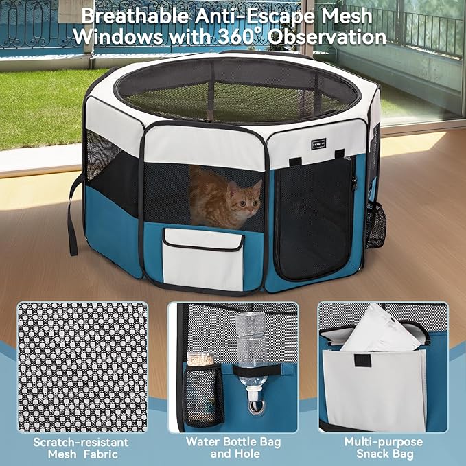 PETSFIT 29" Puppy Playpen with Removable Waterproof Mat & Zippered Roof | RV, Camping, Travel Dog Pen | Indoor/Outdoor Whelping & Cat Observation Space(29.5"x29.5"x16.5"H)
