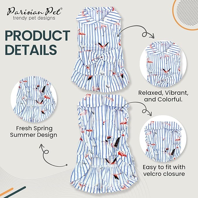 Parisian Pet Flamingo Summer Dress - Girly Dog Dress - 100% Cotton, Lightweight, Sleeveless - Medium Dogs