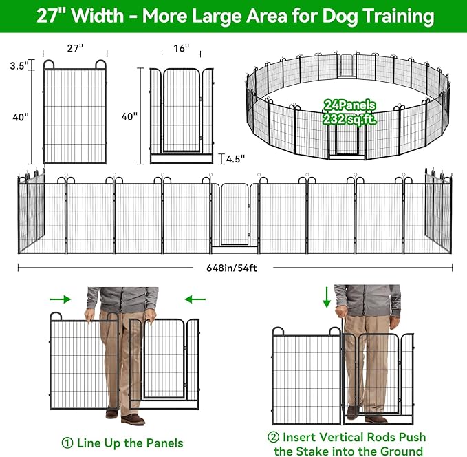 Dog Playpen Outdoor 24 Piece Panels Heavy Duty Dog Fence 40" Height Anti-Rust with Doors Portable for RV Camping Yard, Total 54FT, 227 Sq.ft, Snowy Black