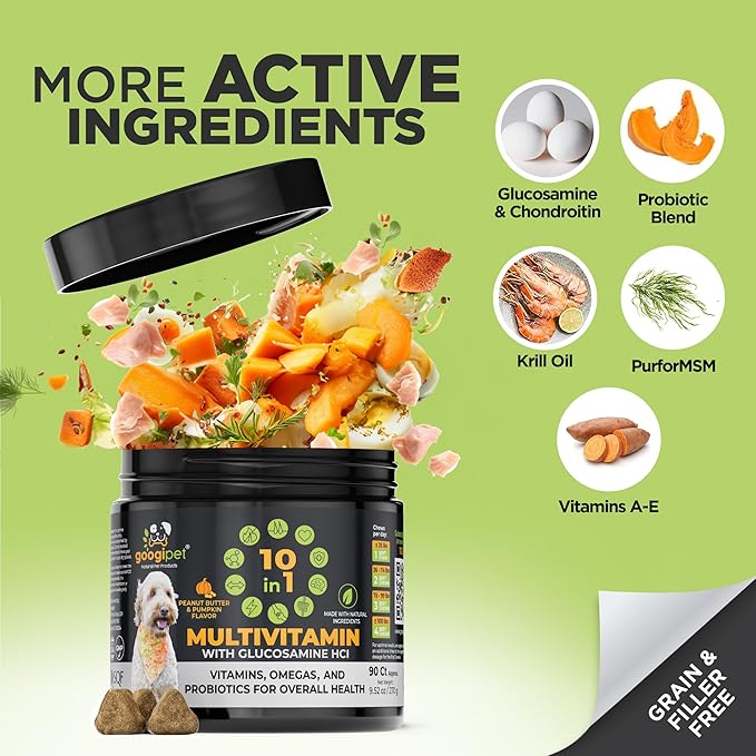 Googipet Premium 10 in 1 Dog Vitamins Multivitamin Chewable with Probiotics for Gut Health, Dog Vitamins and Supplements w/Vitamin C & Glucosamine for Joint Support (Peanut Butter & Pumpkin Flavor)