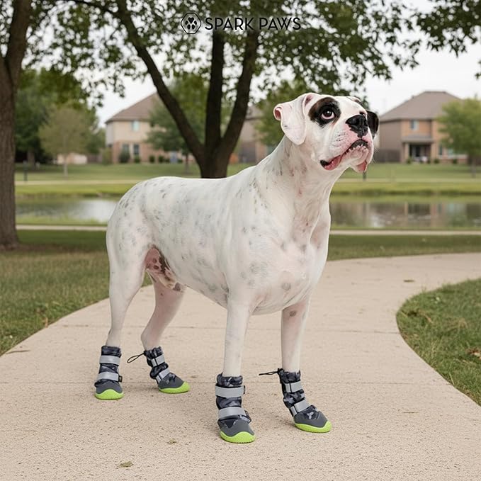 Spark Paws Dog Shoes, Waterproof Dog Boots for Medium to Large Dogs, Non Slip, Breathable Dog Booties and Paw Protectors - 4PCS Doggie Hiking Boots with Reflective Straps, Gray Camo, Size 1