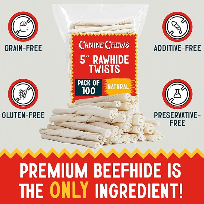 Canine Chews Small Rawhide Twists for Dogs - Pack of 100 5" Dog Treat Stick Twist Beef Dental Chew Dog Toy for Small Dogs and Puppies - Natural Dog Rawhide Sticks