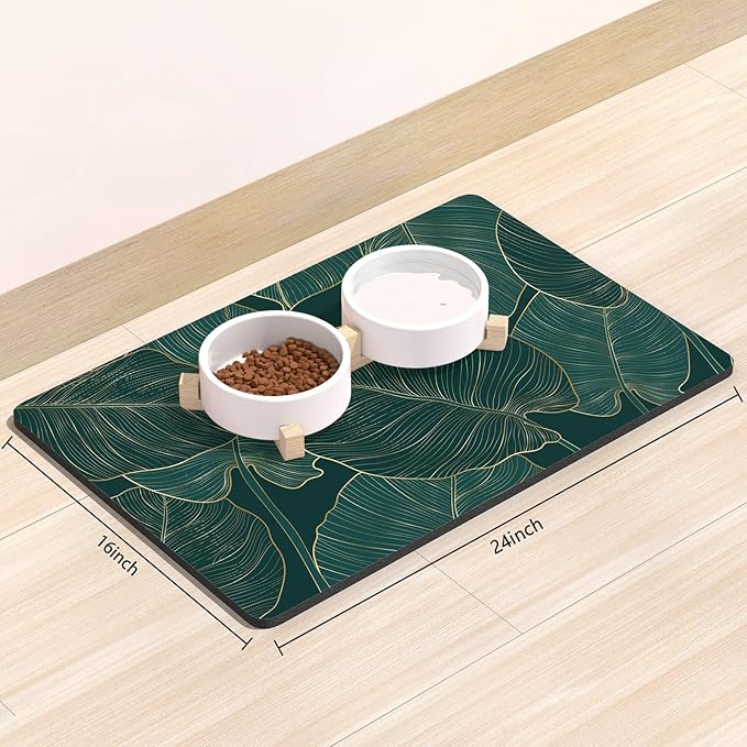 Rnivvi Dog Food Mat, 16" x 24" Flower Absorbent Dog Cat Bowl Mat for Food and Water, Cute Anti-Slip Rubber Pet Feeding Rug Protect Floors, Puppy Placemat for Feeding & Watering Supplies, Tropical
