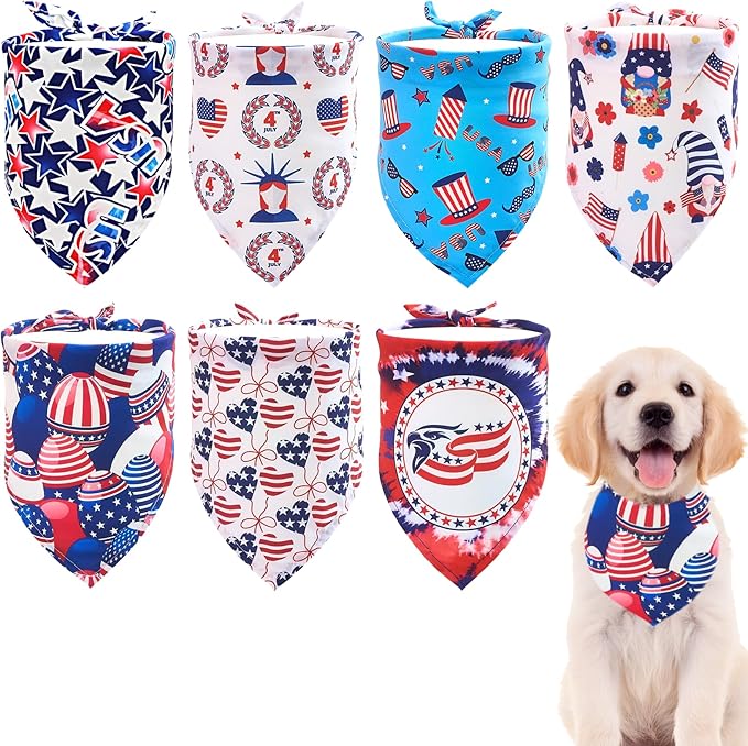4th of July Dog Bandanas for Medium Dogs 7 Pcs Hemming Seam Edge Patriotic Dogs Bandanas Independence Day Flag Day Scarfs Small Puppy Cats Grooming M