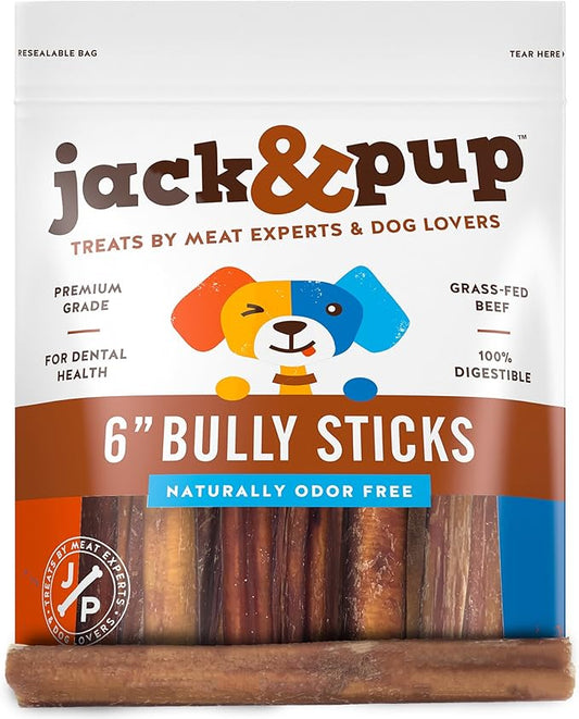 Jack&Pup 6-inch Premium Odor Free Bully Sticks Dog Treats – 6” All Natural Gourmet Dog Treat Chews – Fresh and Savory Beef Flavor – 30% Longer Lasting (6-Inch Thick Bully Sticks -12 Pack)
