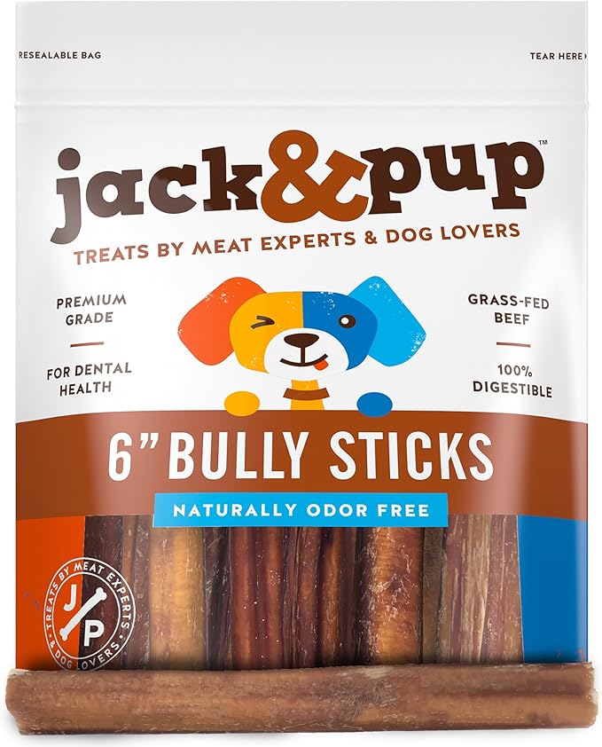 Jack&Pup 6 Inch Bully Sticks for Medium Dogs, Dog Bully Sticks for Small Dogs-6" Bully Sticks for Puppies Bully Sticks Odor Free Long Lasting Dog Chews, Beef Bully Stick (6 Inch Bully Sticks 50 Pack)