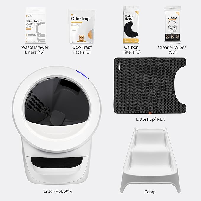 Litter-Robot 4 Supply & Accessory Bundle by Whisker, White- Automatic Self-Cleaning Cat Litter Box, Includes Litter-Robot 4, Ramp, Mat, 3 OdorTrap Packs, 10 Liners, 30 Wipes, & 2 Carbon Filters