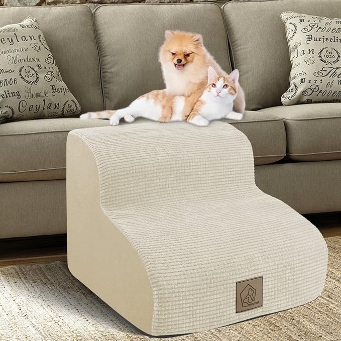 Mestuel Dog Stairs for Small Dogs Cats, Small Pet Stairs Steps, Foam 2-Tier Pet Stairs Steps for Couch Sofa, Dog Ramp Ladder Indoor with Nonslip Bottom &Washable Cover, Beige