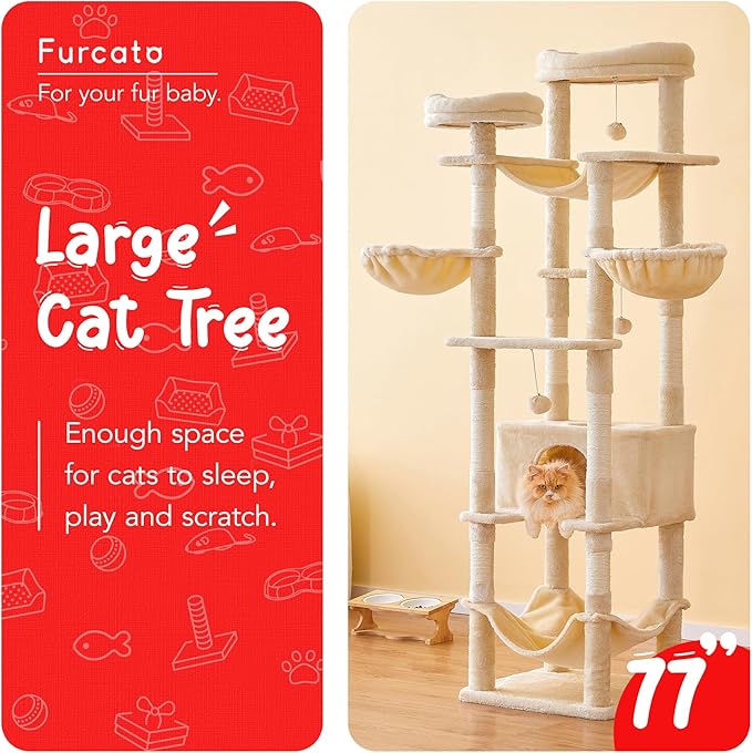 77-Inch Tall Cat Tree, Multi-Level Large Cat Tower with 4 Hammocks, 2 Padded Perches, Cat Condo, Sisal Scratching Posts and Hanging Toys for Adult Cats, Beige