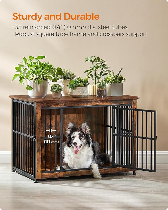 Feandrea Dog Crate Furniture, 38.6" Side End Table, Modern Kennel for Dogs Indoor up to 70 lb, Heavy-Duty Dog Cage with Enclosed Base, Double-Door Dog House, Rustic Brown UPFC023X01