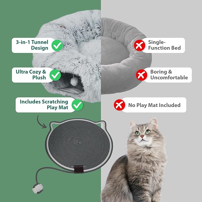 2-Pack Cat Tunnel Donut Bed and Cat Scratch Pad, Interactive Cat Tunnels for Indoor Cats, Fits Multiple Cats Up to 15 lbs, Cozy and Durable Cat Hideaway Toy for Kittens, Puppies, Rabbits (Grey)