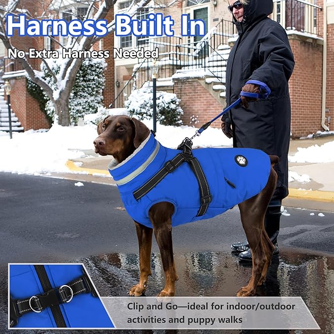 Dogcheer Dog Coat, Waterproof Dog Winter Jacket with Harness, Reflective Adjustable Doggy Cold Weather Coats, Christmas Pet Fleece Snowsuit for Small Medium Large Dogs - Blue, L