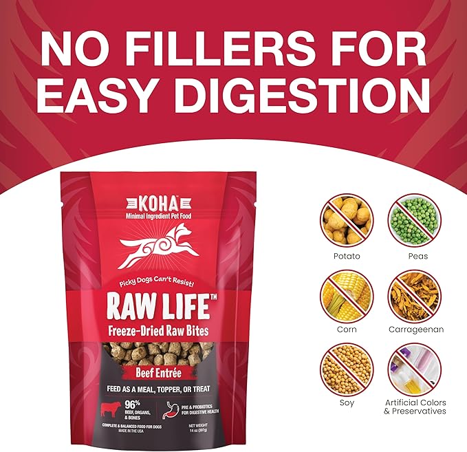 KOHA Raw Life Freeze-Dried Raw Bites Beef for Dogs, High Protein Meal, Topper, and Treat for Picky Eaters, 14oz Bag