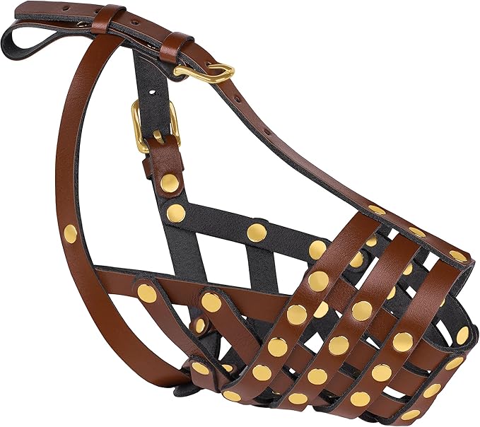 OOPSDOGGY Pitbull Dog Muzzle for Large Dogs - Leather Breathable Secure Basket Muzzle for Medium Large Breeds Prevents Biting No Chewing Amstaff Staffordshire Terrier (Brown, Size 4 - Pitbull)
