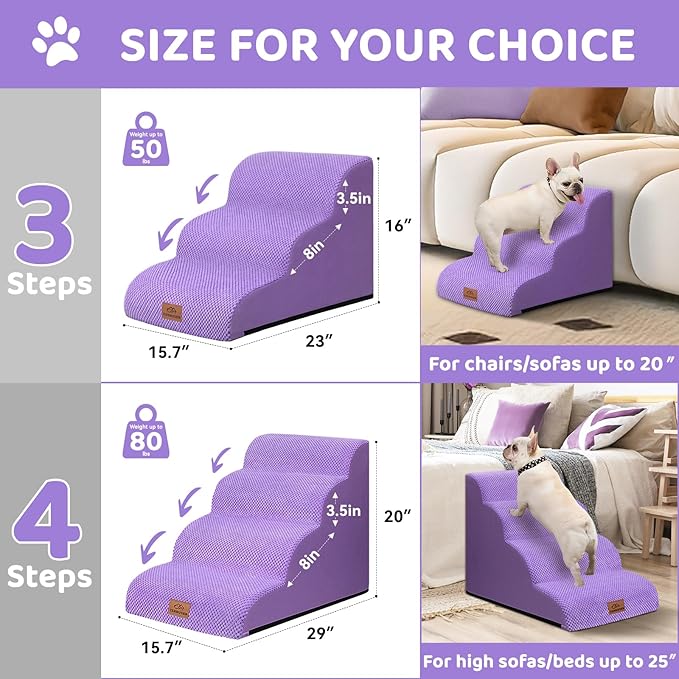 Dog Ramp and Stair for Bed 16" H-20 H,3-Step Cat Stair for Sofa and Chair,4-Step Dog Ramp for High Bed and Window,Durable Nonslip Fabric Stair for Indoor (Purple-16 H, Pet Friendly, 3)